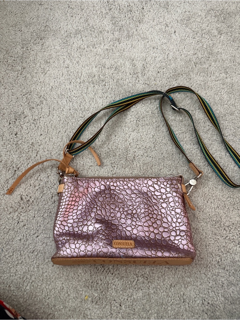 Consuela Lilac Metallic Pebble Crossbody with Colorful Striped Strap